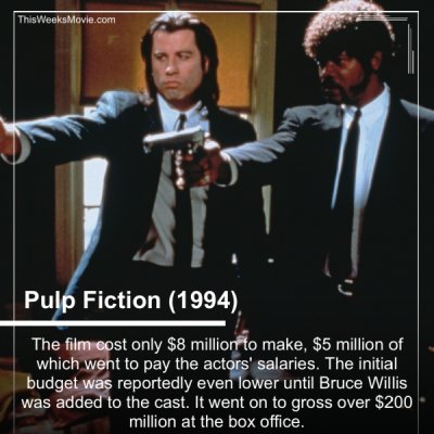 john travolta pulp fiction - ThisWeeks Movie.com Pulp Fiction 1994, The film cost only $8 million to make, $5 million of which went to pay the actors' salaries. The initial budget was reportedly even lower until Bruce Willis was added to the cast. It went