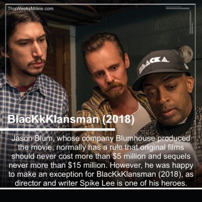 4. ThisWeeks Movie.com BlackkKlansman 2018 Jason Blum, whose company Blumhouse produced the movie, normally has a rule that original films should never cost more than $5 million and sequels never more than $15 million. However, he was happy to make an…