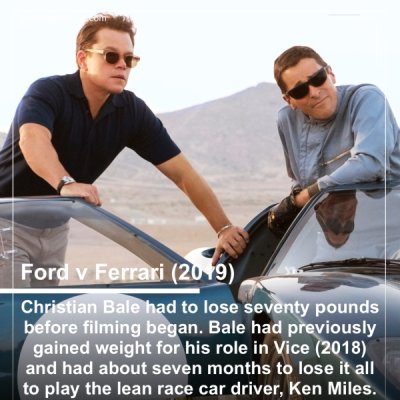 ford vs ferrari - Ford v Ferrari 2019 Christian Bale had to lose seventy pounds before filming began. Bale had previously gained weight for his role in Vice 2018 and had about seven months to lose it all to play the lean race car driver, Ken Miles.