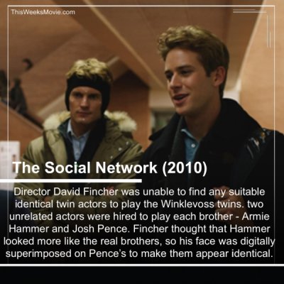 winklevoss twins social network - This Weeks Movie.com The Social Network 2010 Director David Fincher was unable to find any suitable identical twin actors to play the Winklevoss twins, two unrelated actors were hired to play each brother Armie Hammer and