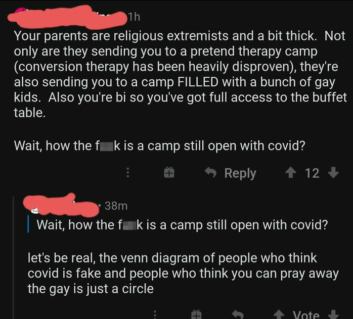funny comments - Your parents are religious extremists and a bit thick. Not only are they sending you to a pretend therapy camp conversion therapy has been heavily disproven, they're also sending you to a camp Filled with a bunch of gay kids. Also you're