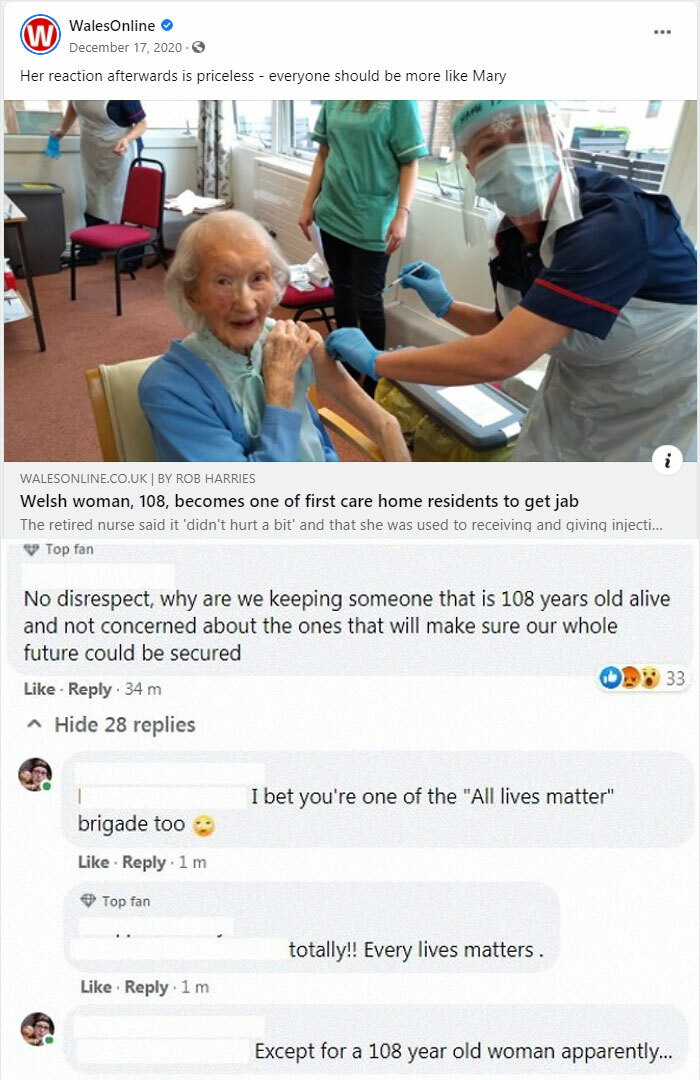 funny comments - Her reaction afterwards is priceless everyone should be more like her - Welsh woman, 108, becomes one of first care home residents to get jab The retired nurse said it didn't hurt a bit' and that she
