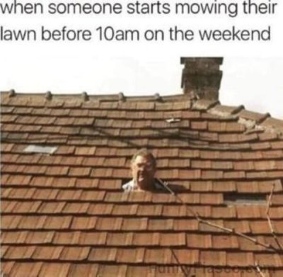 roofing memes - when someone starts mowing their lawn before 10am on the weekend
