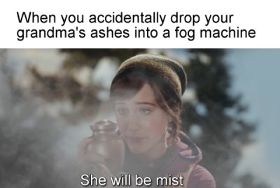 photo caption - When you accidentally drop your grandma's ashes into a fog machine She will be mist
