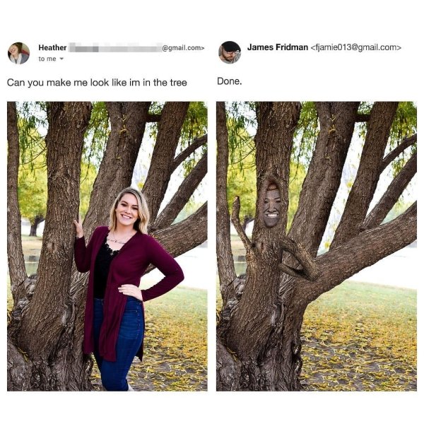 james fridman - Heather to me .com> James Fridman  Can you make me look im in the tree Done.