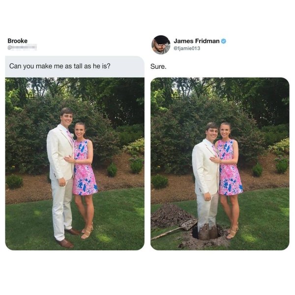 twitter photoshop james fridman - Brooke James Fridman Can you make me as tall as he is? Sure.