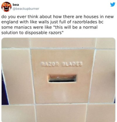 material - bea do you ever think about how there are houses in new england with walls just full of razorblades bc some maniacs were "this will be a normal solution to disposable razors" Razor Blades