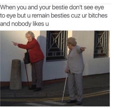 me and my bestie in 50 years - When you and your bestie don't see eye to eye but u remain besties cuz ur bitches and nobody u