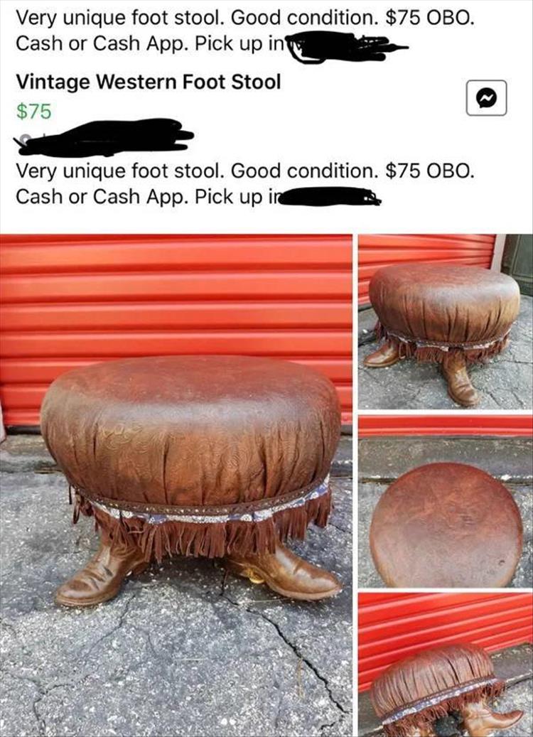 table - Very unique foot stool. Good condition. $75 Obo. Cash or Cash App. Pick up in Vintage Western Foot Stool $75 Very unique foot stool. Good condition. $75 Obo. Cash or Cash App. Pick up in