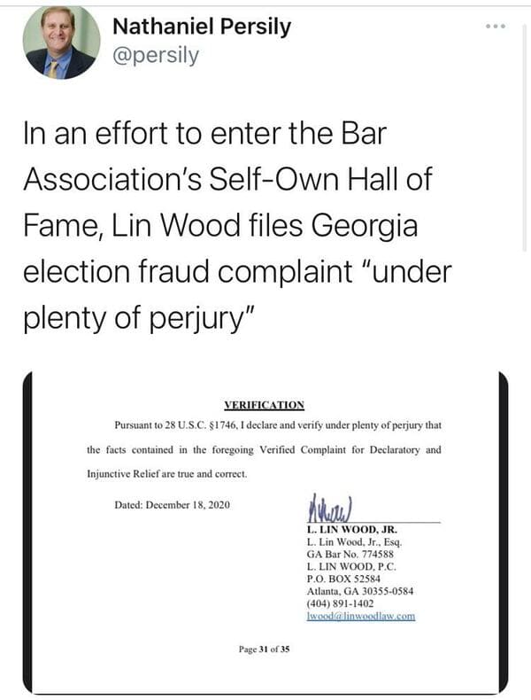 paper - Nathaniel Persily In an effort to enter the Bar Association's SelfOwn Hall of Fame, Lin Wood files Georgia election fraud complaint "under plenty of perjury" Verification Pursuant to 28 U.S.C. $1746, I declare and verify under plenty of perjury th