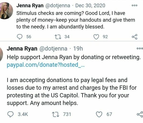 document - Ooo Jenna Ryan Stimulus checks are coming? Good Lord, I have plenty of moneykeep your handouts and give them to the needy. I am abundantly blessed. 56 27 34 92 o Ooo Jenna Ryan 19h Help support Jenna Ryan by donating or retweeting.…