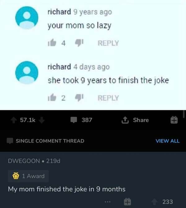 screenshot - richard 9 years ago your mom so lazy richard 4 days ago she took 9 years to finish the joke 2 387 1 Ot 1 Single Comment Thread View All Dwegoon 219d 1 Award My mom finished the joke in 9 months 233