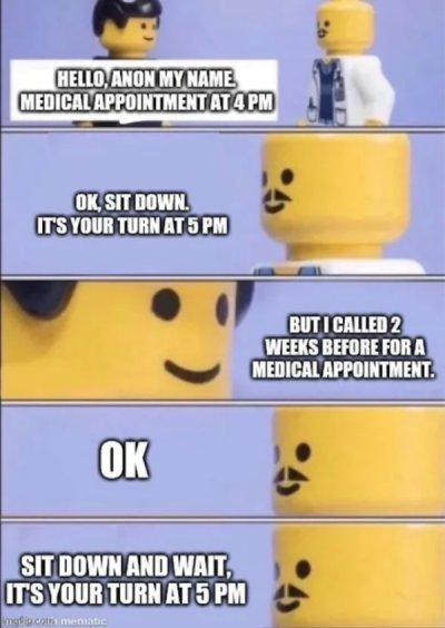 cartoon - Hello, Anon My Name Medical Appointment At 4 Pm Ok, Sit Down. It'S Your Turn At 5 Pm But I Called 2 Weeks Before For A Medical Appointment. Ok Sit Down And Wait, It'S Your Turn At 5 Pm mon.com mematic