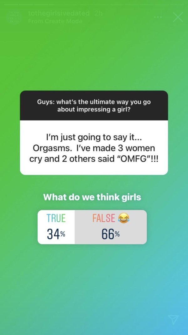 screenshot - tothegirlsivedated 2h From Create Mode Guys what's the ultimate way you go about impressing a girl? I'm just going to say it... Orgasms. I've made 3 women cry and 2 others said "Omfg"!!! What do we think girls True 34% False 66%