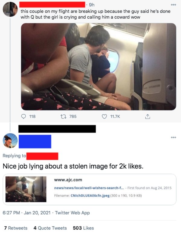 flight break up - 9h 000 this couple on my flight are breaking up because the guy said he's done with Q but the girl is crying and calling him a coward wow 118 2785 Doo Nice job lying about a stolen image for 2k . newsnewslocalwellwisherssearchf... First 