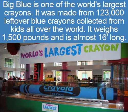 cool facts - Big Blue is one of the world's largest crayons. It was made from 123,000 leftover blue crayons collected from kids all over the world. It weighs 1,500 pounds and is almost 16' long.