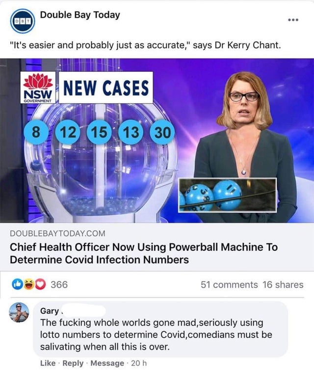 nsw - Double Bay Today w.. "It's easier and probably just as accurate," says Dr Kerry Chant. New Cases Nsw Government 8 12 30 Doublebaytoday.Com Chief Health Officer Now Using Powerball Machine To Determine Covid Infection Numbers 366 51 16 Gary The fucki