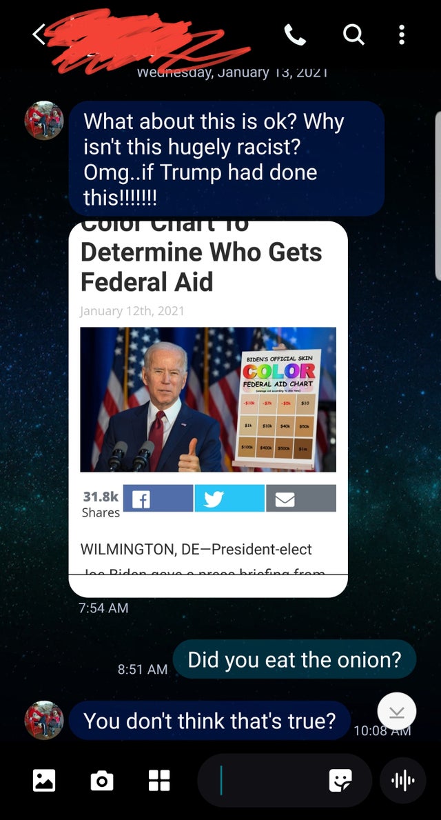 screenshot - zuQE Wednesday, What about this is ok? Why isn't this hugely racist? Omg.if Trump had done this!!!!!!! Cotot Unail Tu Determine Who Gets Federal Aid January 12th, 2021 Biden'S Official Skin Color Federal Aid Chart .. $10 Sto $40 $100 Wilmingt