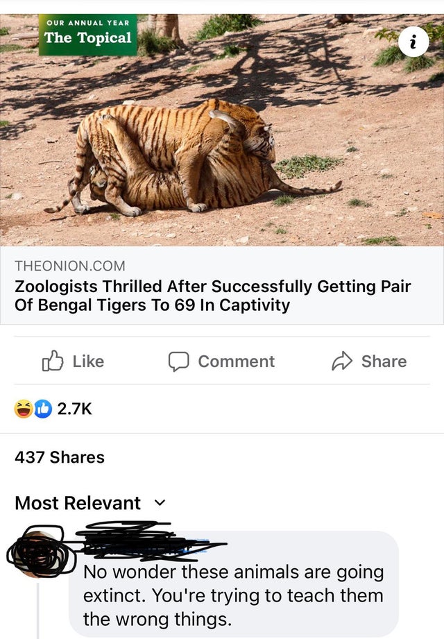 fauna - Our Annual Year The Topical i Theonion.Com Zoologists Thrilled After Successfully Getting Pair Of Bengal Tigers To 69 In Captivity Comment 437 Most Relevant v No wonder these animals are going extinct. You're trying to teach them the wrong things.