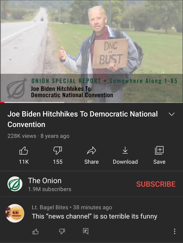 photo caption - Dnc Or Bust Onion Special Report Somewhere Along 185 Joe Biden Hitchhikes To Democratic National Convention Joe Biden Hitchhikes To Democratic National Convention views 8 years ago 11K 155 Download Save The Onion 1.9M subscribers Subscribe