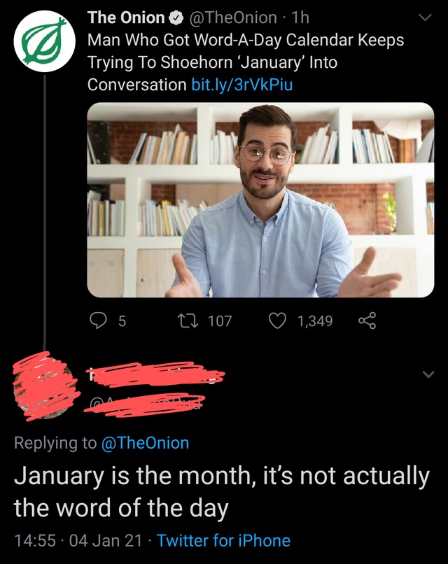 photo caption - The Onion 1h Man Who Got WordADay Calendar Keeps Trying To Shoehorn January' Into Conversation bit.ly3rVkPiu 9 5 22 107 1,349 January is the month, it's not actually the word of the day 04 Jan 21 Twitter for iPhone