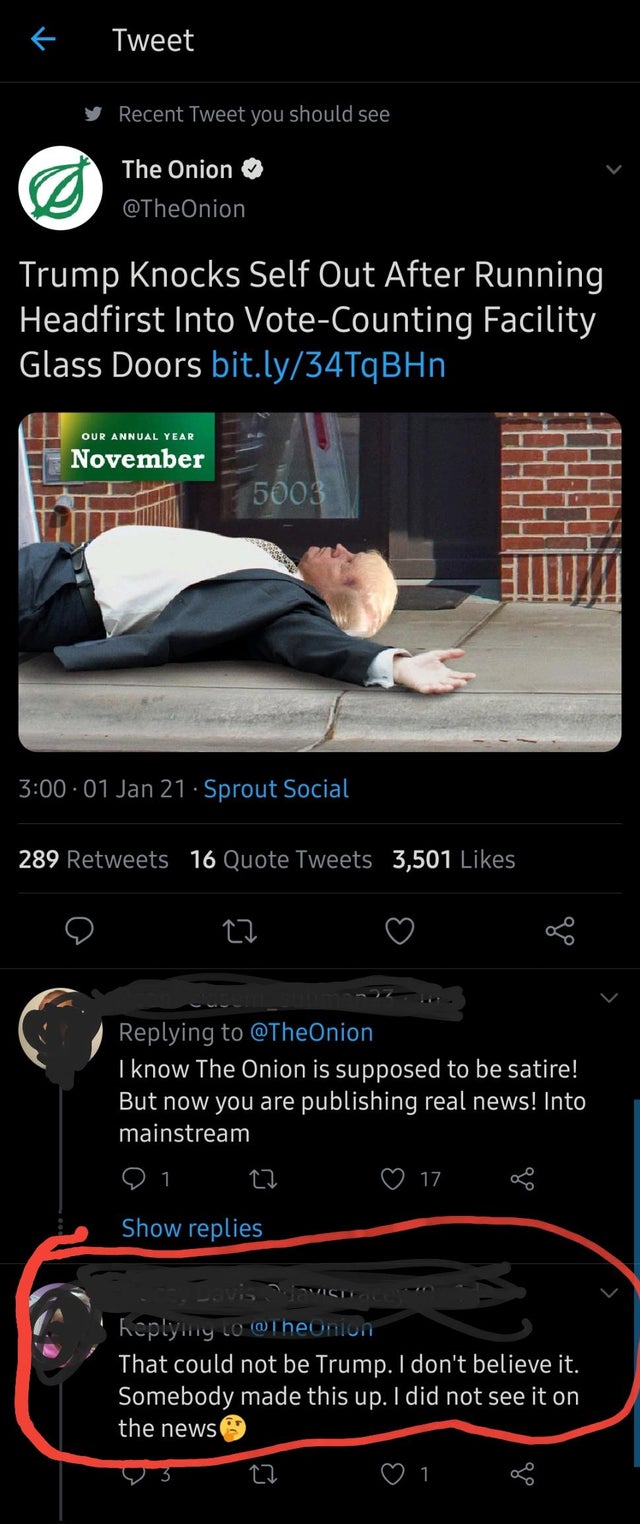 screenshot - Tweet Recent Tweet you should see The Onion Trump Knocks Self Out After Running Headfirst Into VoteCounting Facility Glass Doors bit.ly34TqBHn Our Annual Year .01 Jan 21.Sprout Social 289 16 Quote Tweets 3,501 I know The Onion is supposed to 