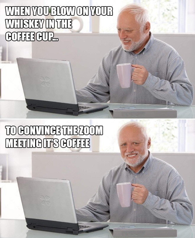 hide the pain harold meme - When You Blow On Your Whiskey In The Coffee Cup. 1111 To Convince The Zoom Meeting It'S Coffee