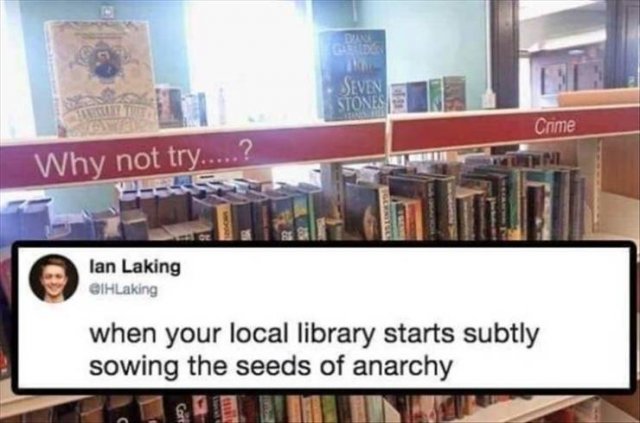 dark library memes - Seven Stones Crime Why not try.....? lan Laking BIHLaking when your local library starts subtly sowing the seeds of anarchy