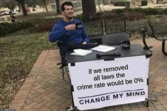 too many coronavirus memes - if we removed all laws the crime rate would be 0% Change My Mind imofio.com
