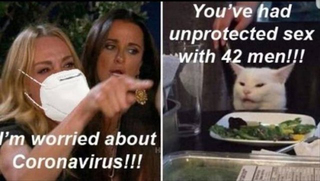 woman yelling at cat meme coronavirus - You've had unprotected sex with 42 men!!! I'm worried about Coronavirus!!!