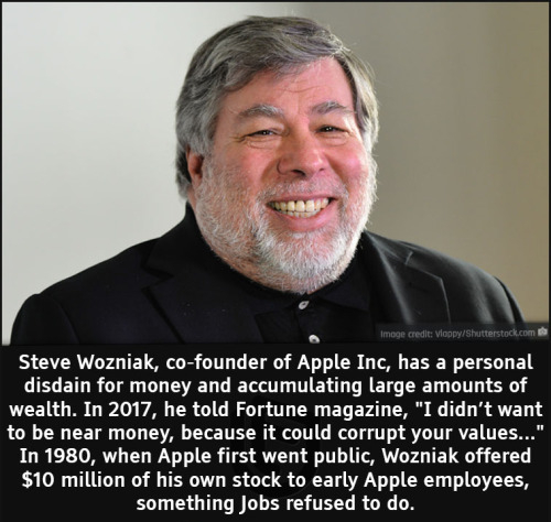 cool facts - Steve Wozniak, cofounder of Apple Inc, has a personal disdain for money and accumulating large amounts of wealth. In 2017, he told Fortune magazine,