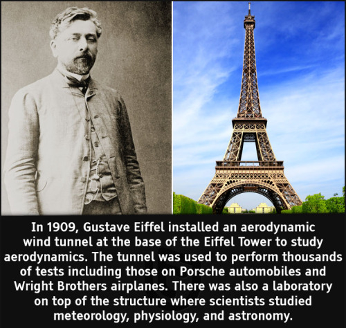 cool facts - In 1909, Gustave Eiffel installed an aerodynamic wind tunnel at the base of the Eiffel Tower to study aerodynamics. The tunnel was used to perform thousands of tests including those on Porsche automobiles and Wright Brothers airplane