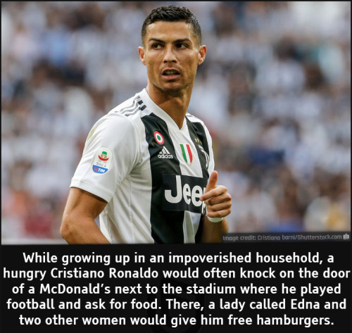 cool facts - While growing up in an impoverished household, a hungry Cristiano Ronaldo would often knock on the door of a McDonald's next to the stadium where he played football and ask for food. There, a lady…