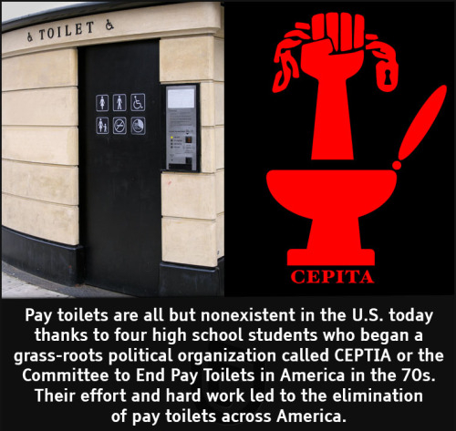 cool facts - Pay toilets are all but nonexistent in the U.S. today thanks to four high school students who began a grassroots political organization called Ceptia or the Committee to End Pay Toilets in America in the 70s. Their effort and hard work
