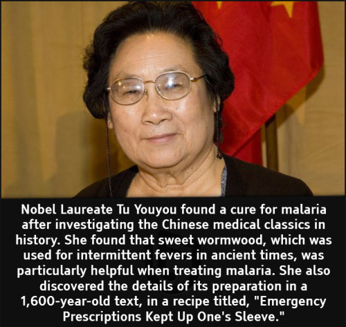 cool facts - Nobel Laureate Tu Youyou found a cure for malaria after investigating the Chinese medical classics in history. She found that sweet wormwood, which was used for intermittent fevers in ancient times, was particularly helpful when