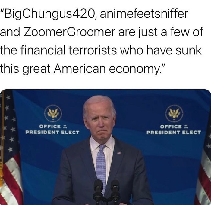 Joe Biden - "BigChungus 420, animefeetsniffer and ZoomerGroomer are just a few of the financial terrorists who have sunk this great American economy." Office President Elect Office President Elect