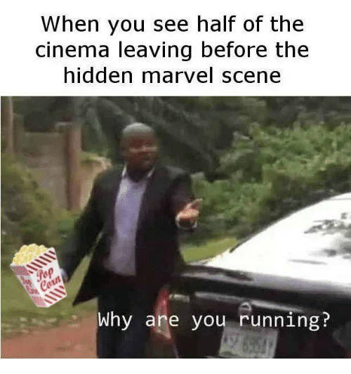 you running meme - When you see half of the cinema leaving before the hidden marvel scene 11111 Pop Cout Why are you running?