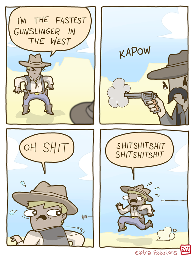 comics - I'M The Fastest Gunslinger In The West Kapow Oh Shit Shitshitshit Shitshitshit Zms extra fabulous