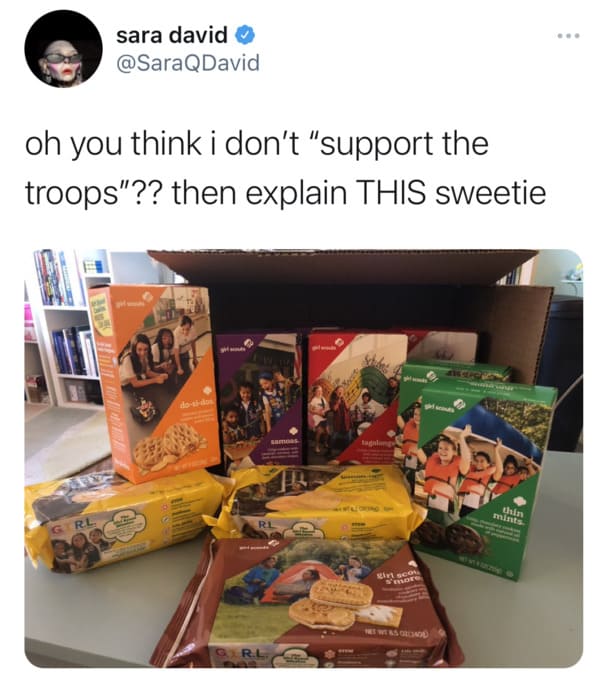 sara david oh you think i don't "support the troops"?? then explain This sweetie thin mints Ri Grl kiseon Sedes Gr.L