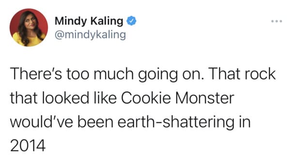 Josh Dun - Mindy Kaling There's too much going on. That rock that looked Cookie Monster would've been earthshattering in 2014