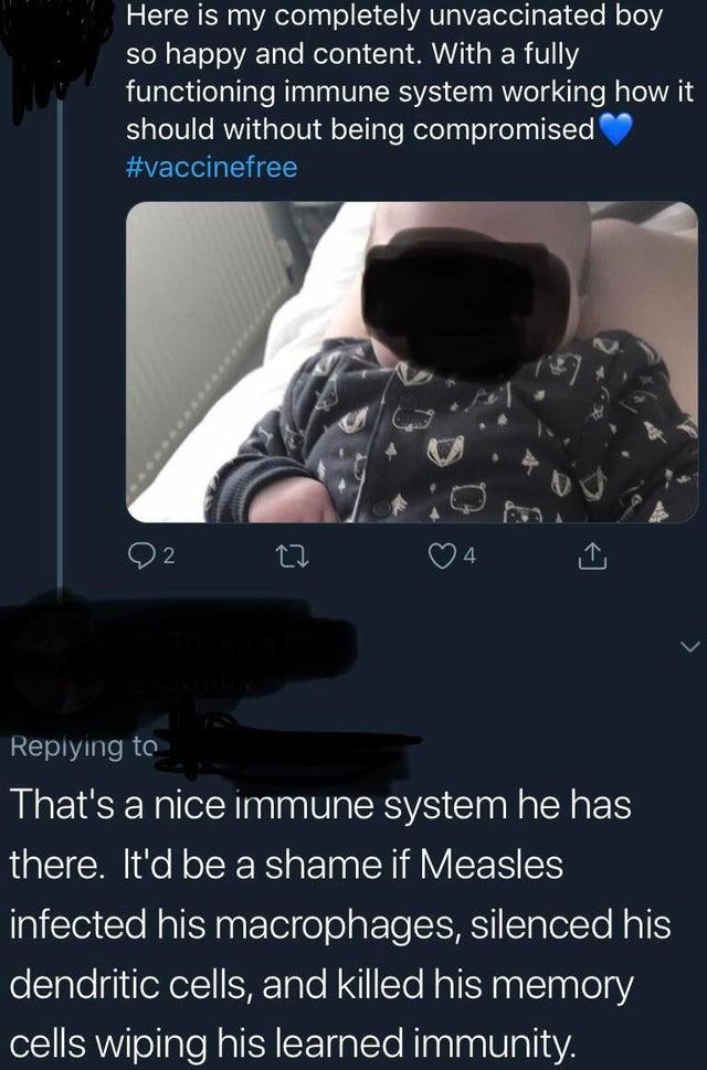 immune system shame meme - Here is my completely unvaccinated boy so happy and content. With a fully functioning immune system working how it should without being compromised 92 27 4 That's a nice immune system he has there. It'd be a shame if Measles inf