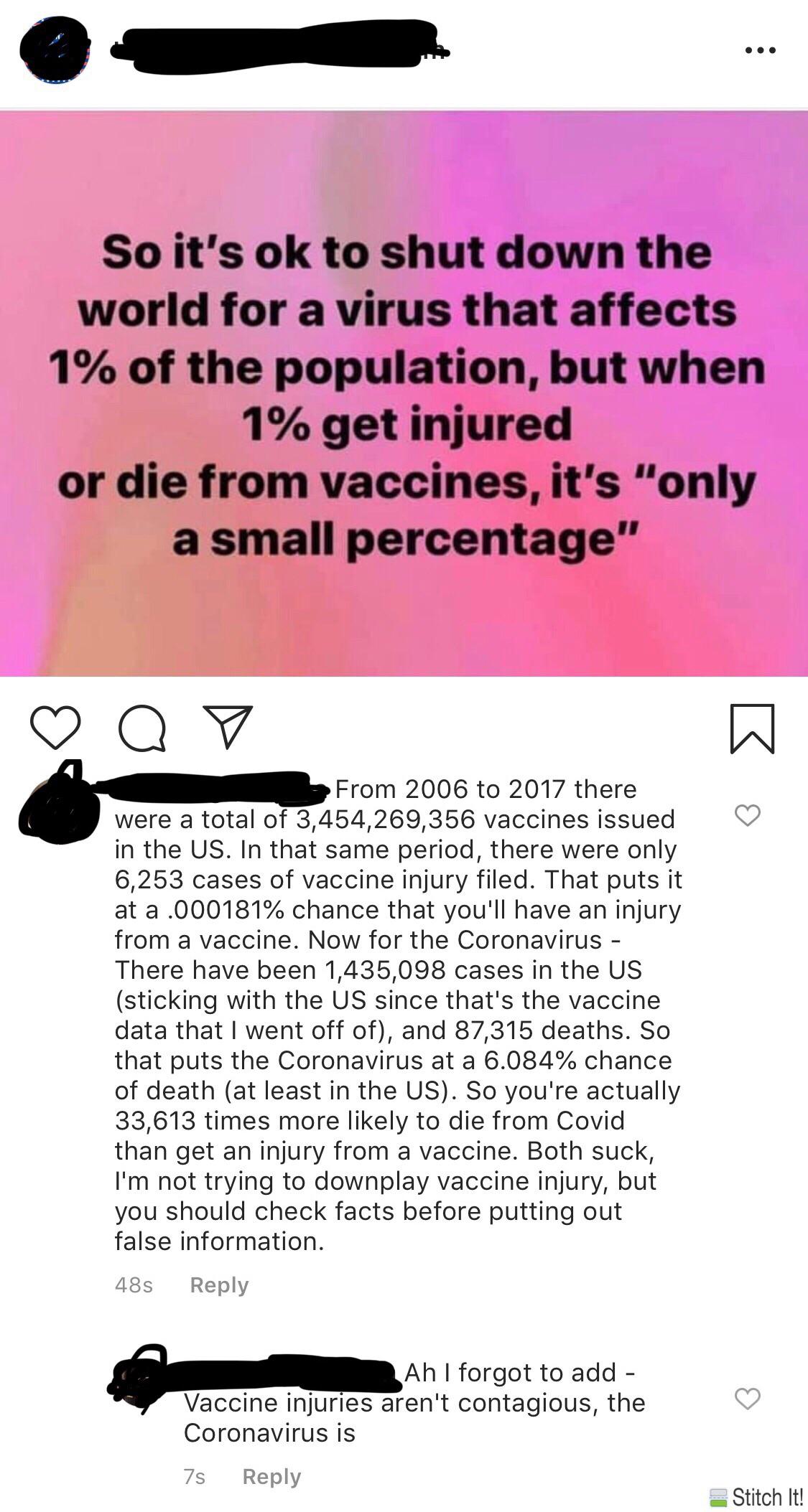 paper - So it's ok to shut down the world for a virus that affects 1% of the population, but when 1% get injured or die from vaccines, it's "only a small percentage" Q Y K From 2006 to 2017 there were a total of 3,454,269,356 vaccines issued in the Us. In