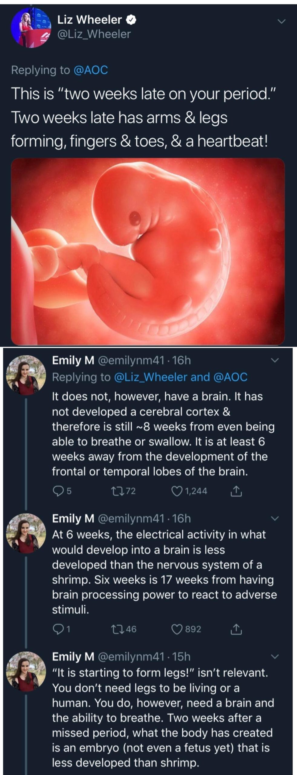 two weeks late on period - Liz Wheeler Wheeler This is "two weeks late on your period." Two weeks late has arms & legs forming, fingers & toes, & a heartbeat! Emily M 16h Wheeler and It does not, however, have a brain. It has not developed a cerebral cort