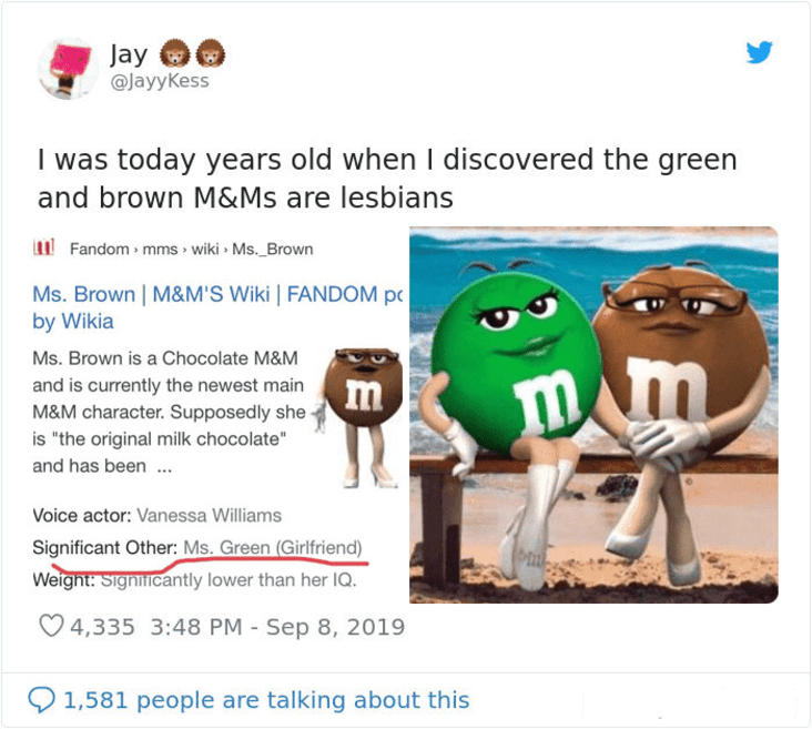 cool fun facts - I was today years old when I discovered the green and brown M&Ms are lesbians