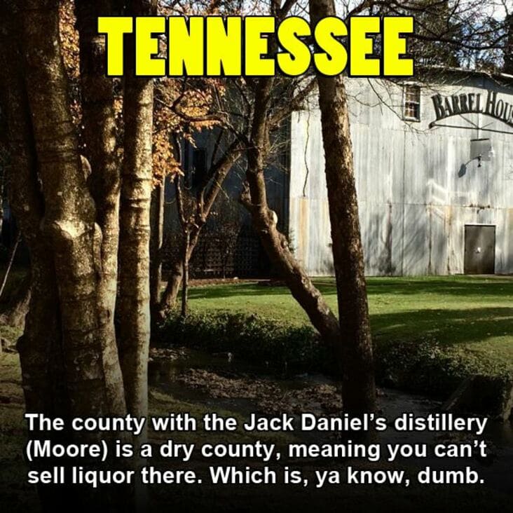 U.S. state - Tennessee Barrello The county with the Jack Daniel's distillery Moore is a dry county, meaning you can't sell liquor there. Which is, ya know, dumb.