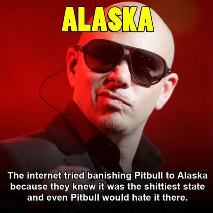 pitbull rapper - Alaska The internet tried banishing Pitbull to Alaska because they knew it was the shittiest state and even Pitbull would hate it there.