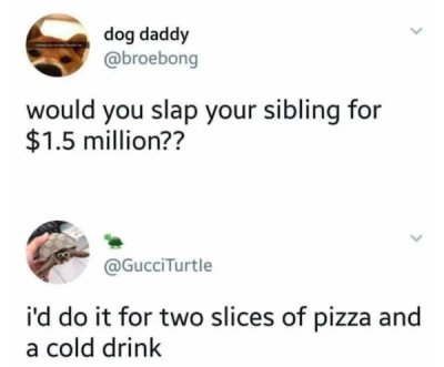 would you slap your sibling meme - dog daddy would you slap your sibling for $1.5 million?? i'd do it for two slices of pizza and a cold drink