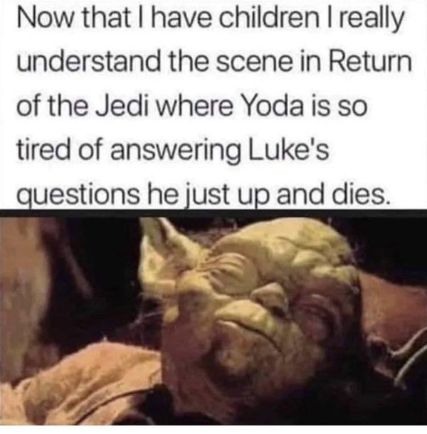 yoda parenting meme - Now that I have children I really understand the scene in Return of the Jedi where Yoda is so tired of answering Luke's questions he just up and dies.
