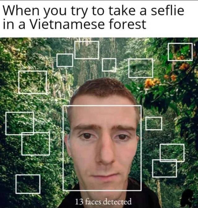 Internet meme - When you try to take a seflie in a Vietnamese forest 13 faces detected