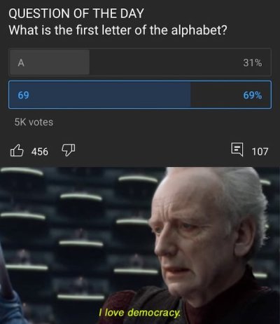 love democracy meme - Question Of The Day What is the first letter of the alphabet? 31% 69 69% 5K votes B 4567 107 I love democracy.